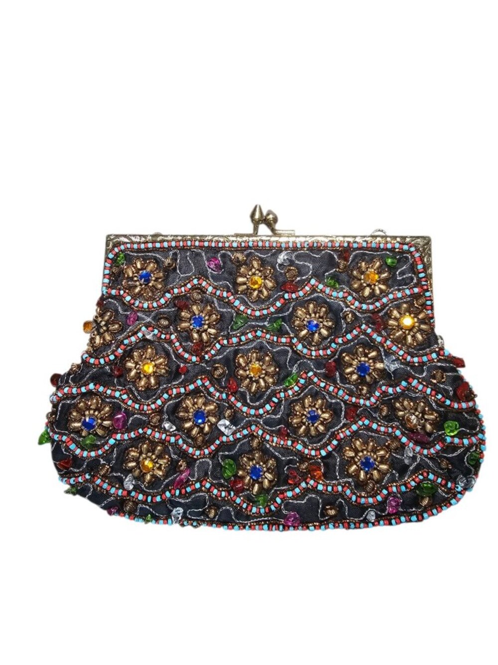 VTG Black Beaded Evening Bag Clutch Floral India
